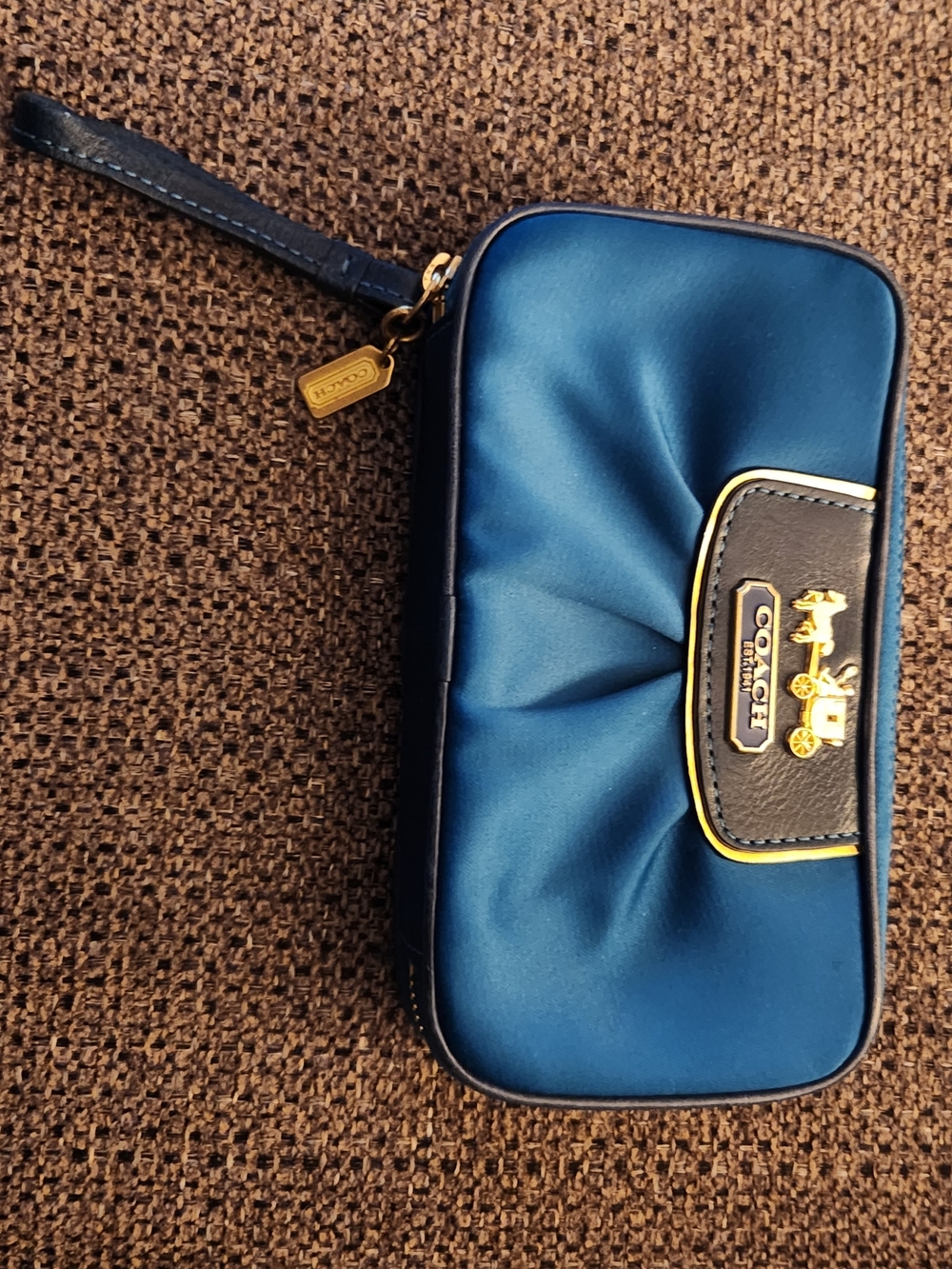 Coach Blue Satin Wristlet with Gold Hardware and Black Trim